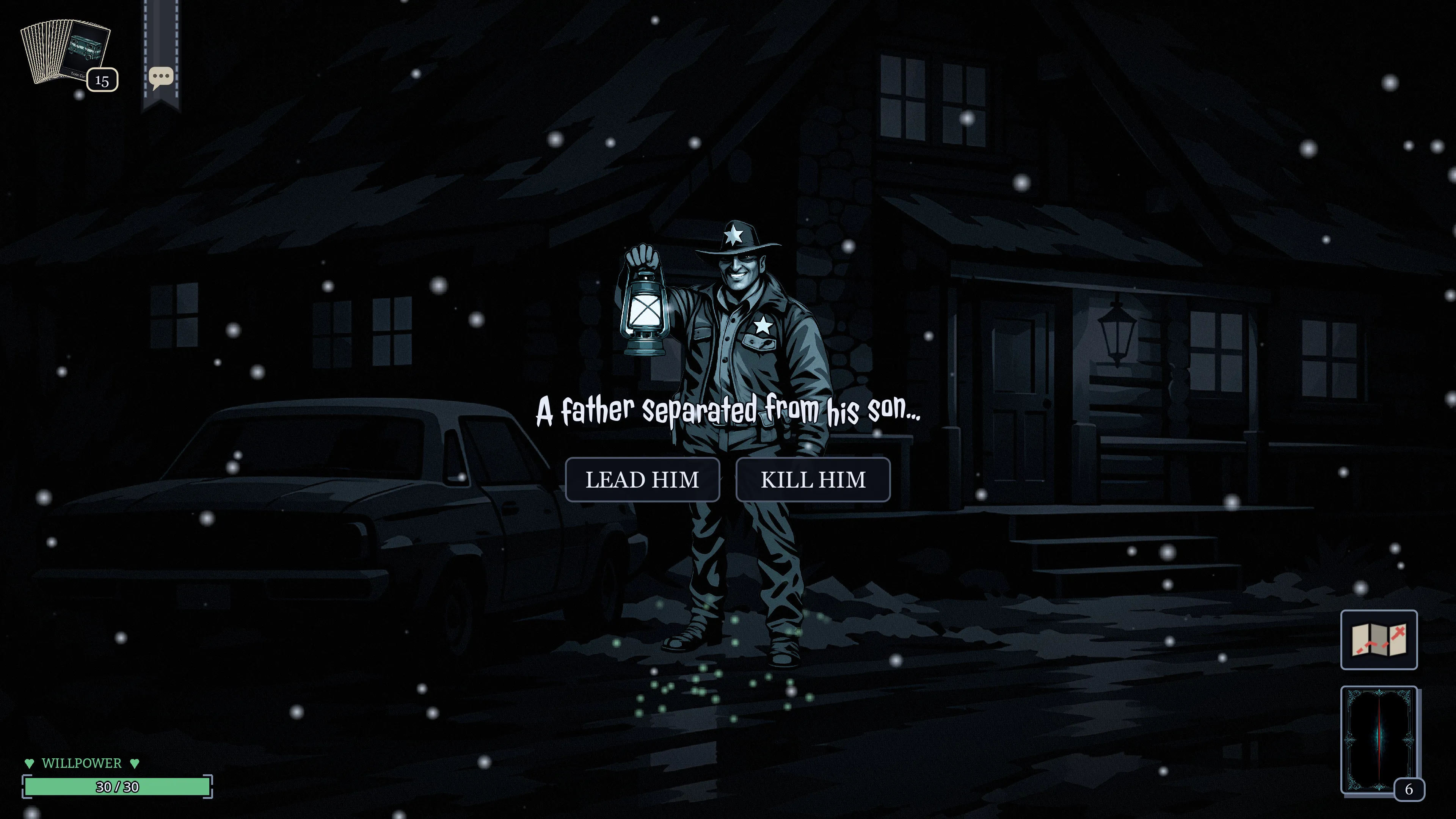Sheriff Isaac raises a lantern outside a snowy cabin. A choice reads “A father separated from his son…” with the buttons Lead him and Kill him.