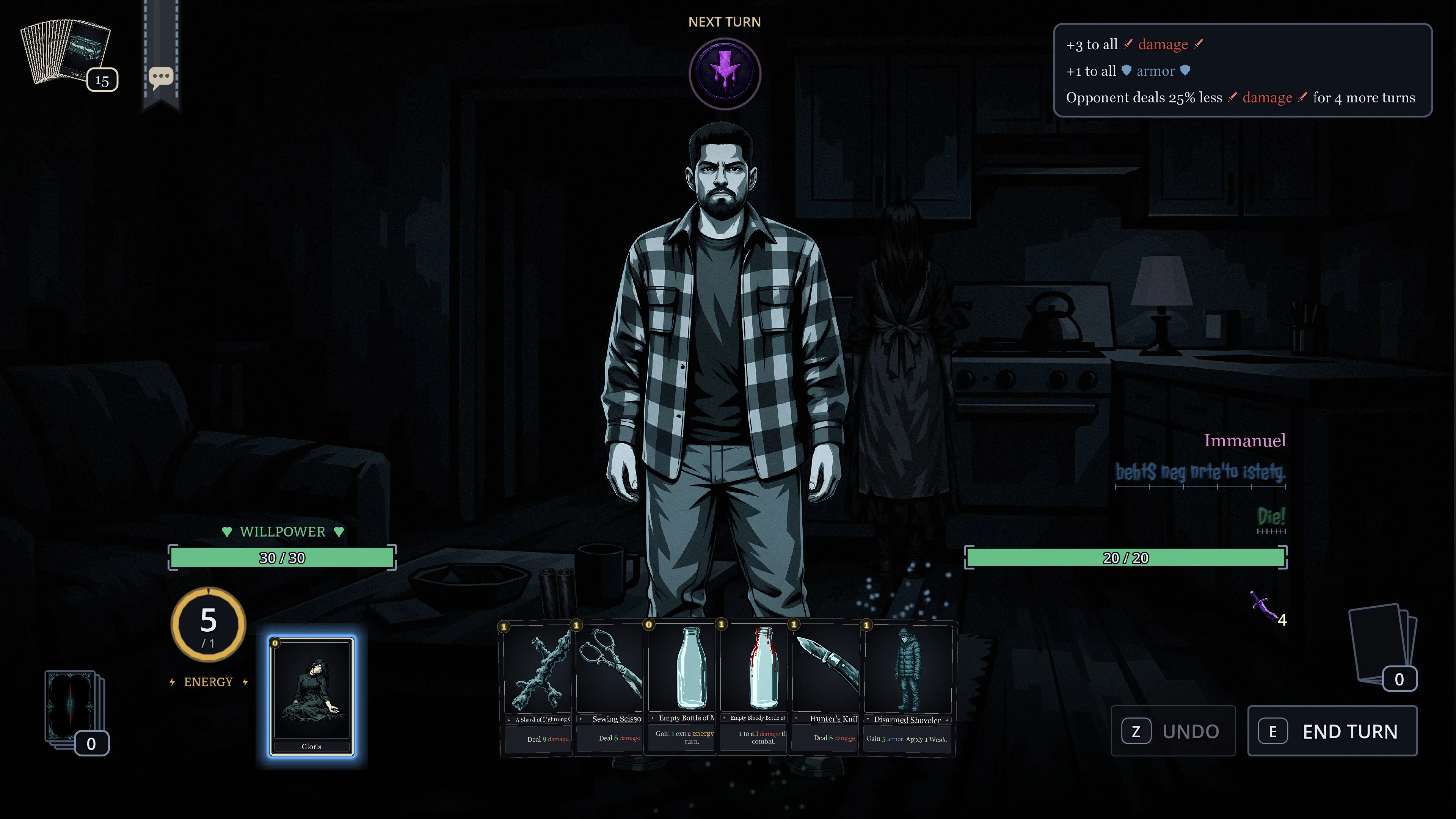 A battle of willpower in a dark kitchen. Immanuel stands over a hand of six cards, with willpower bars for both sides.