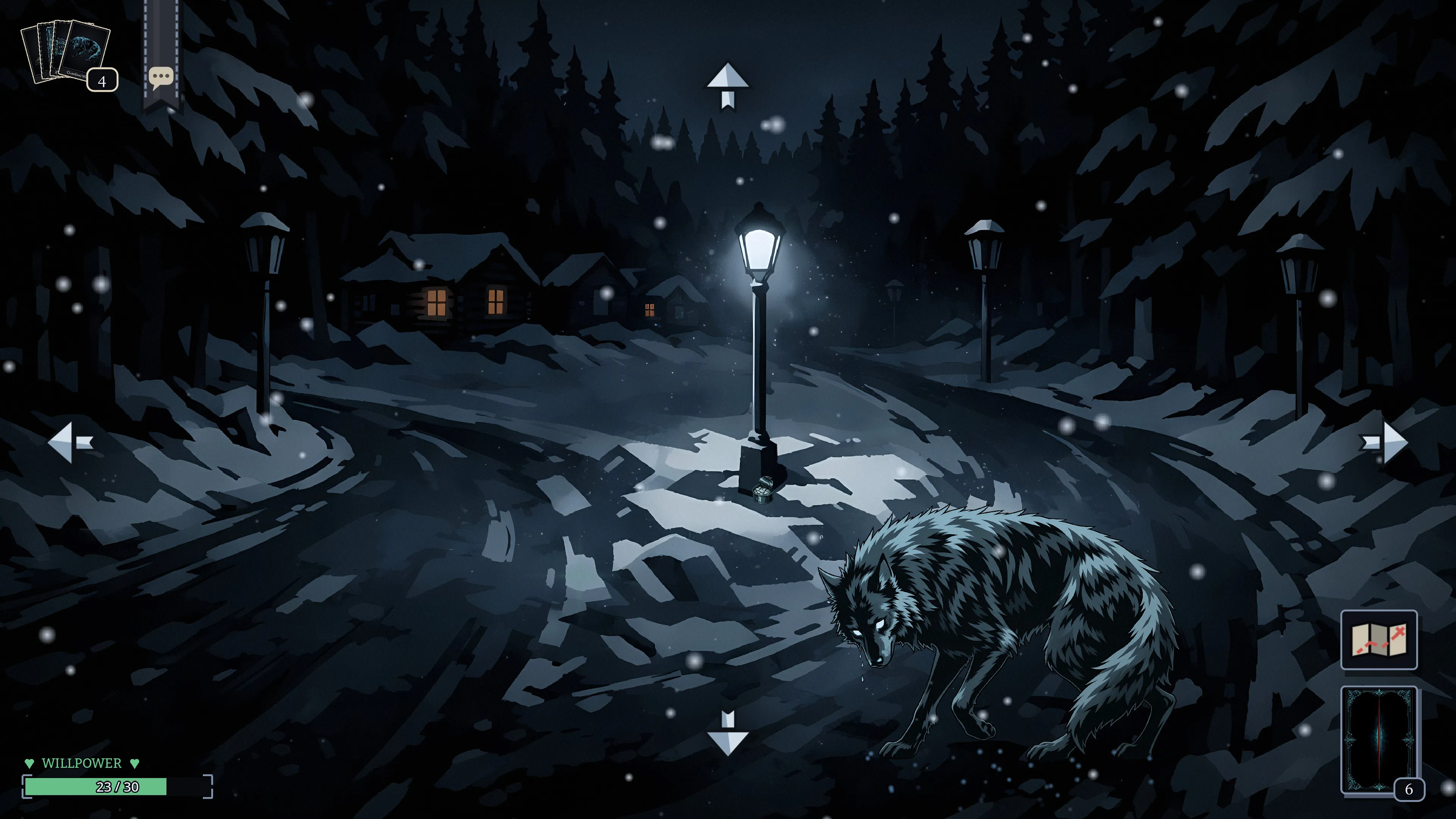 A wolf prowls a snowy road beneath a lit lamp post, with cabins and pine forest behind it.