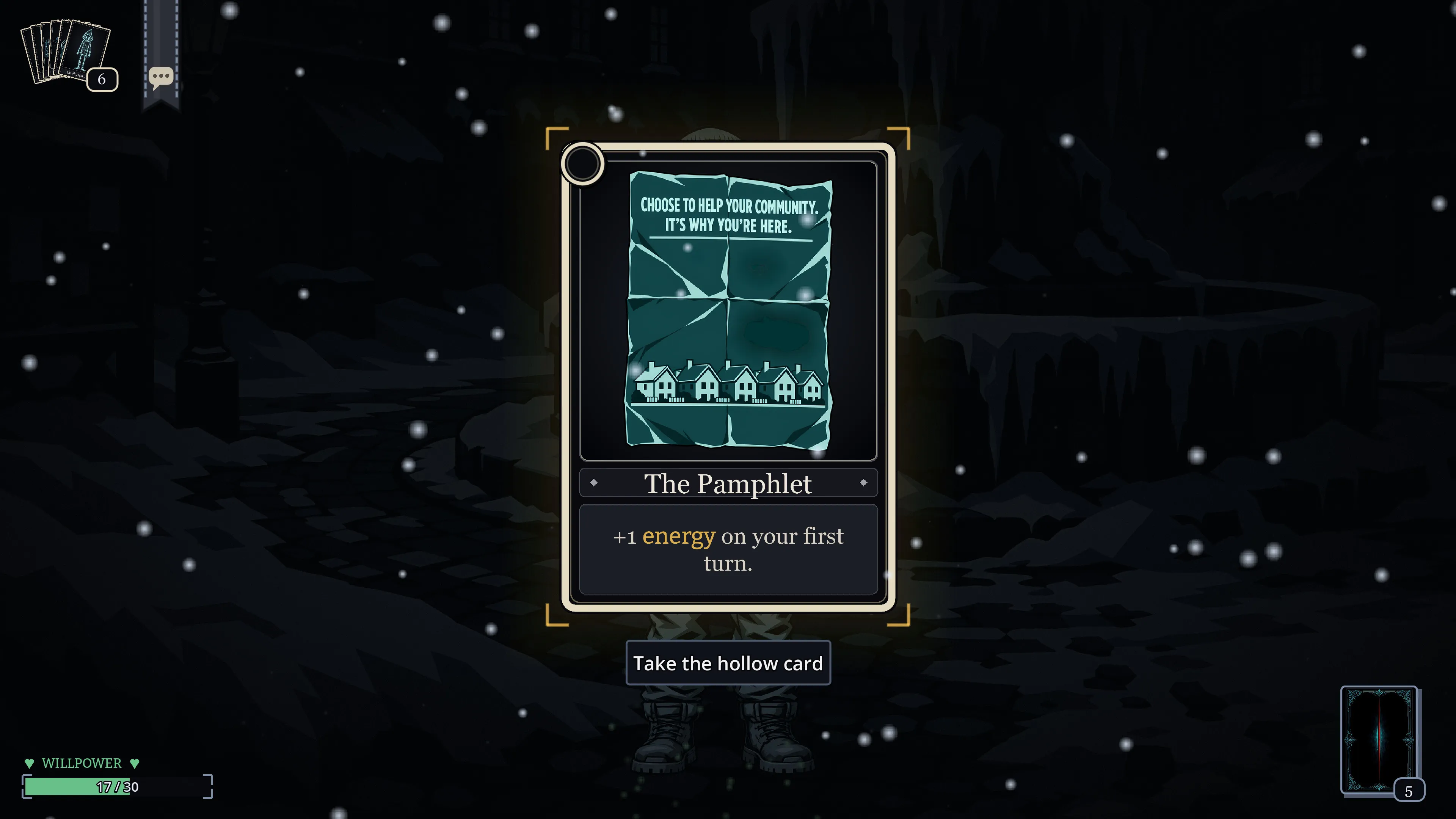 The Pamphlet as a hollow card, reading “+1 energy on your first turn,” above the button Take the hollow card.