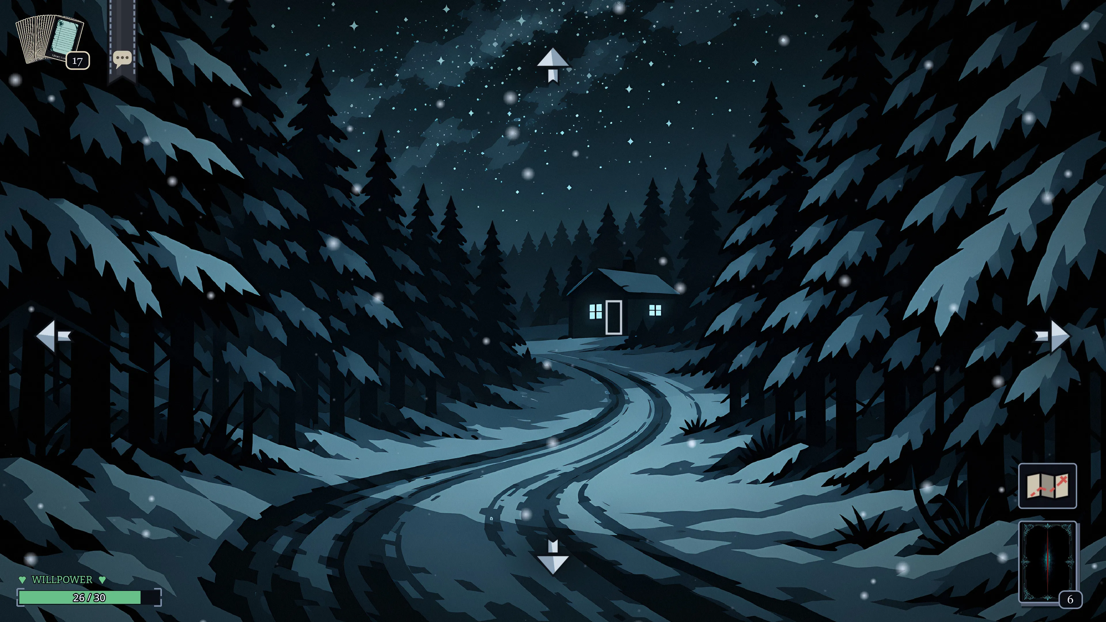 A winding snowy road through dark pines toward a lit cabin under a starry sky.