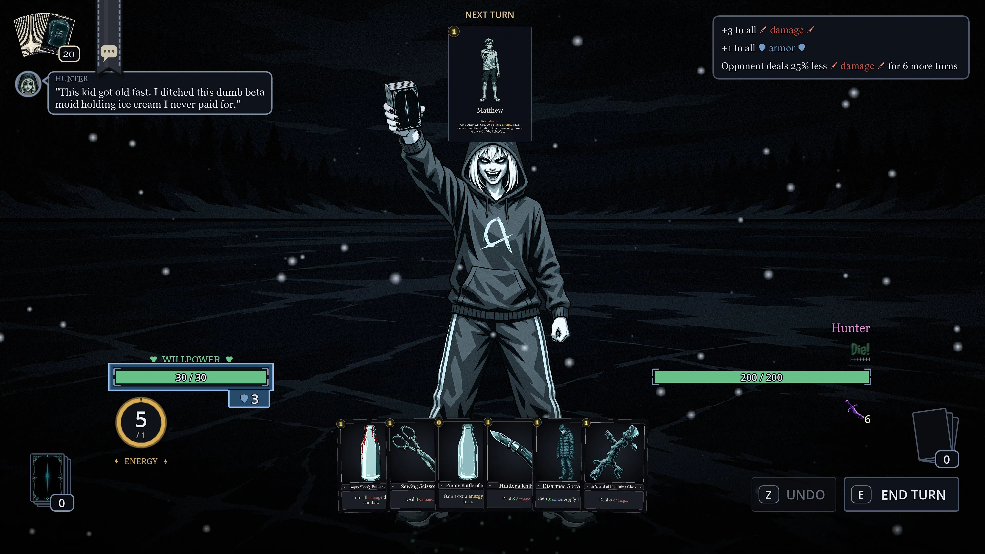 Hunter grins and holds up a card on the frozen lake at the start of a battle of willpower.