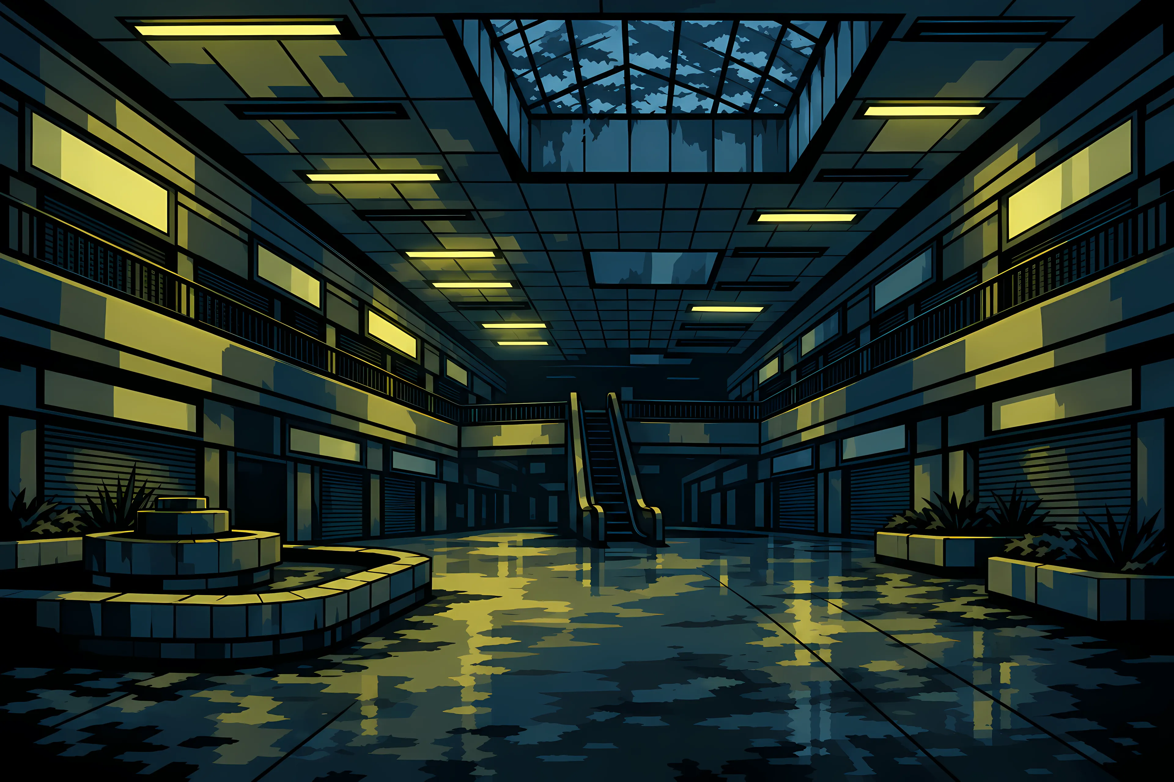 An abandoned shopping mall in yellow-green light.