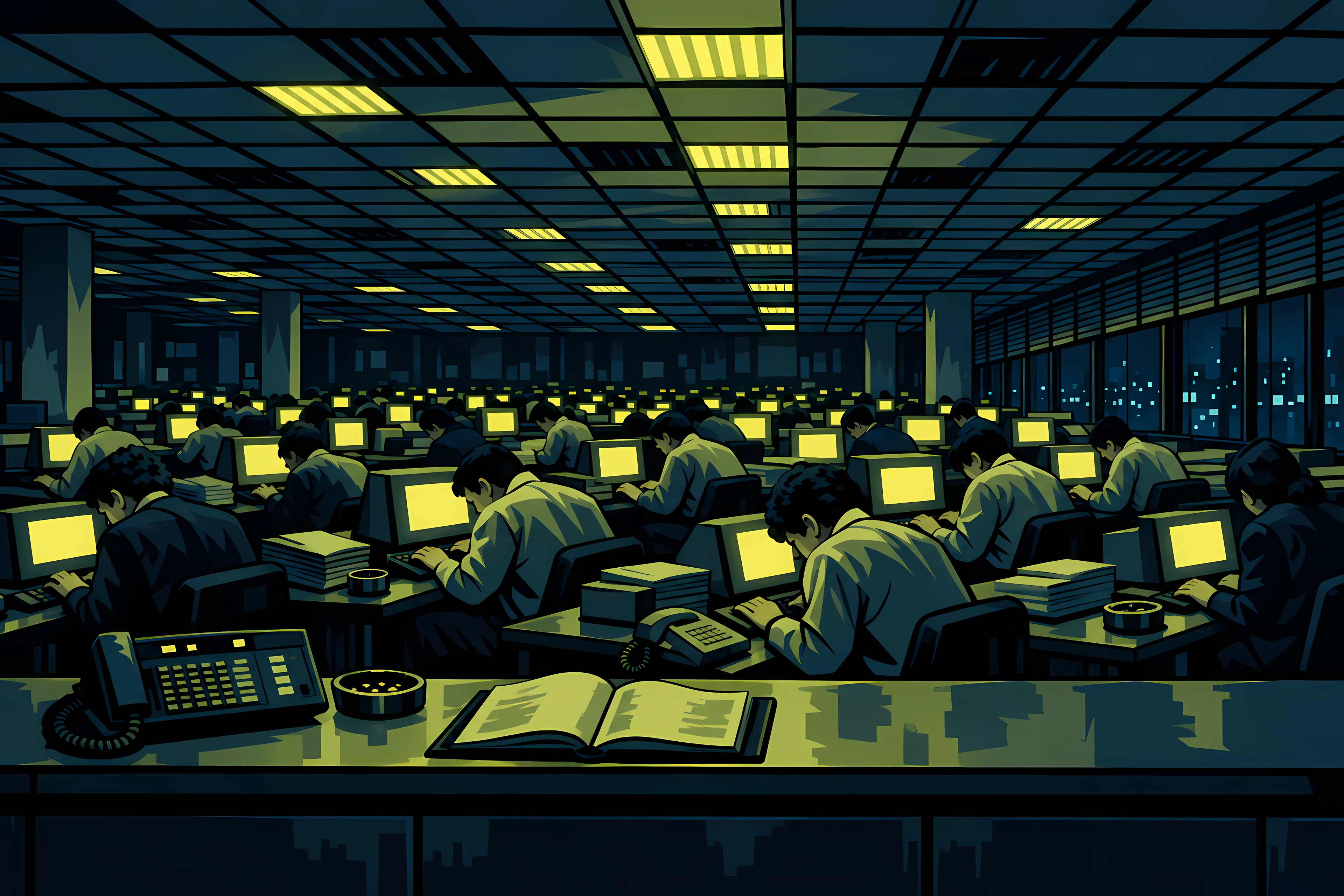 A vast, dim office floor: rows of workers hunched over glowing yellow screens under fluorescent lights, with a city at night beyond the windows.