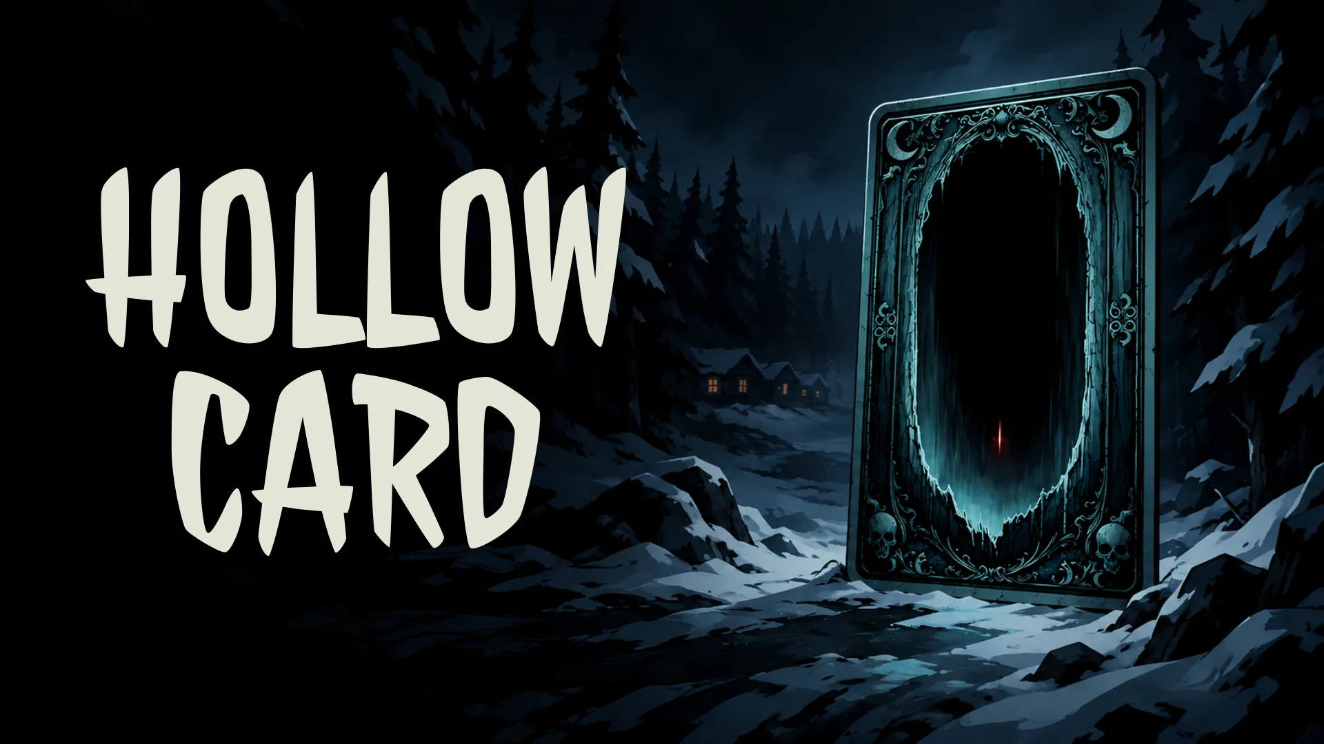 The Hollow Card logo beside a glowing, card-shaped doorway in a snowy forest at night.