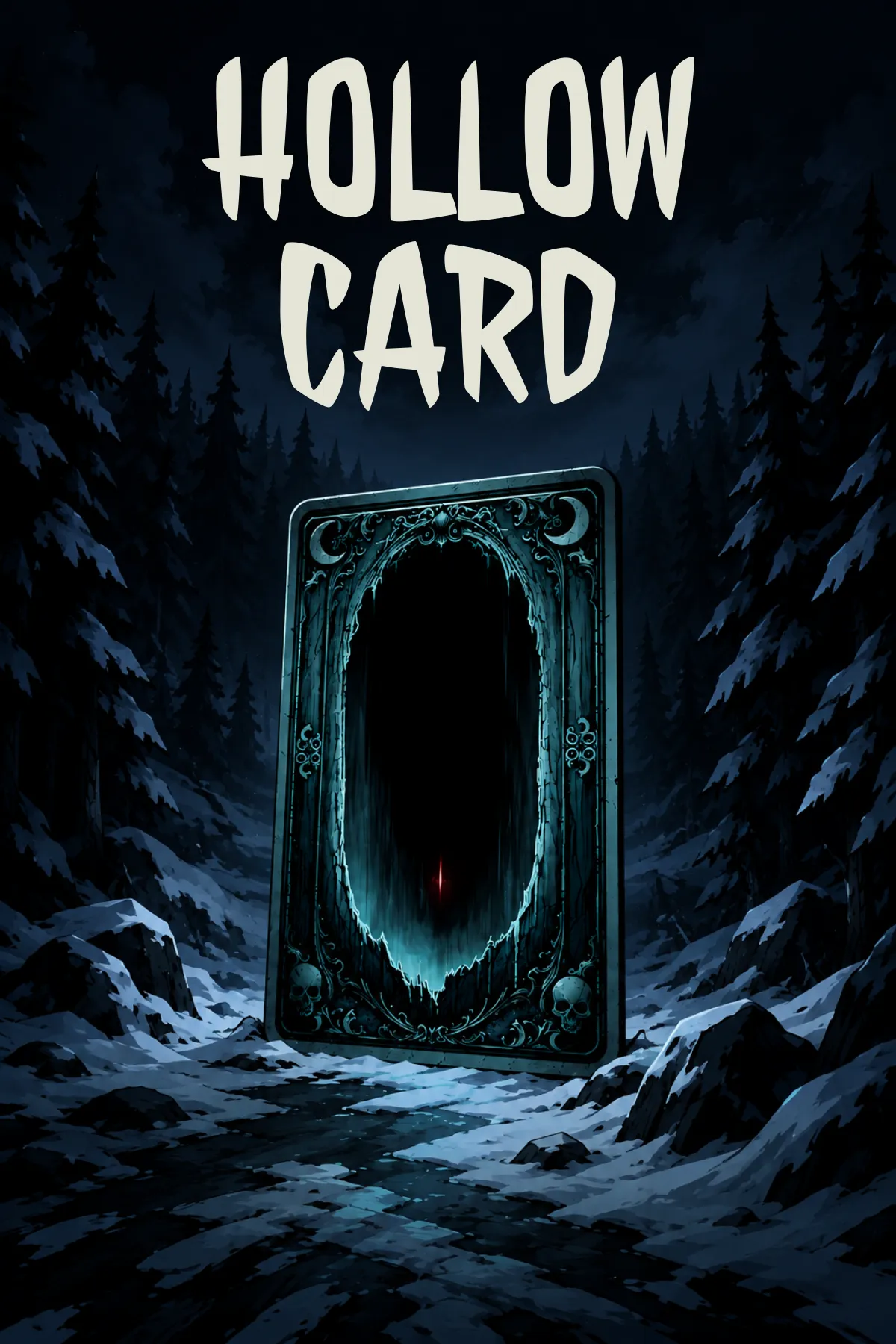 Portrait key art: the Hollow Card logo above the card-shaped doorway in the snowy forest.